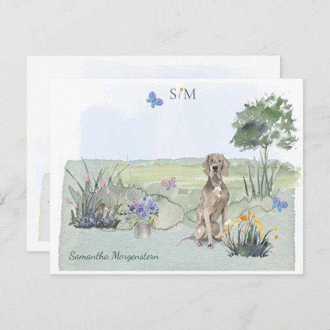 Weimaraner Butterfly Meadow Monogram & Name  Note Card (Front/Back)