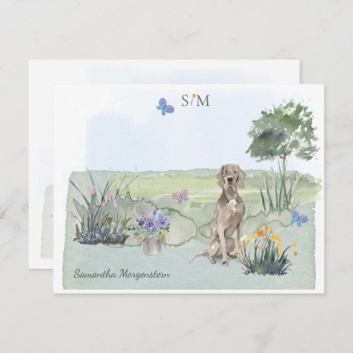 Weimaraner Butterfly Meadow Monogram  Name  Note Card