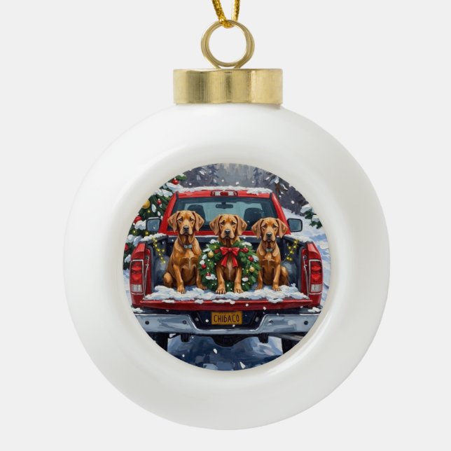 Weimaraner Christmas Red Truck Holiday Ceramic Ball Christmas Ornament (Front)