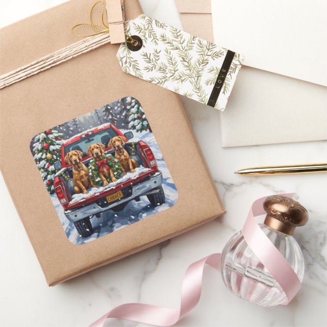 Weimaraner Christmas Red Truck Holiday Square Sticker (Gifting)