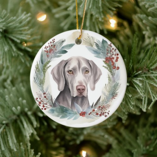 Weimaraner Christmas Wreath Festive Pup  Ceramic Ornament