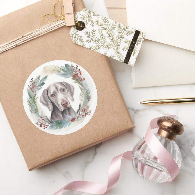 Weimaraner Christmas Wreath Festive Pup  Classic Round Sticker (Gifting)