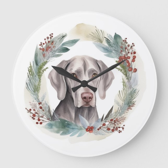 Weimaraner Christmas Wreath Festive Pup  Large Clock (Front)