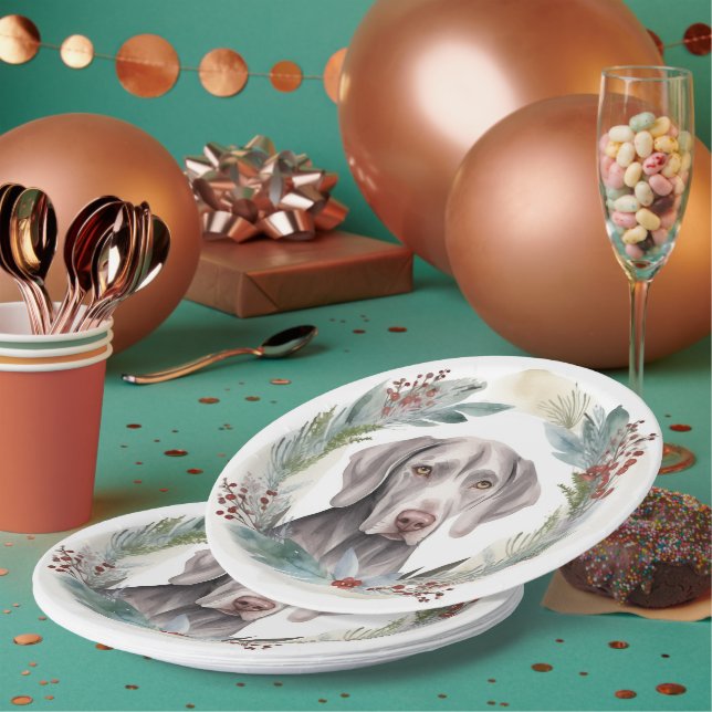 Weimaraner Christmas Wreath Festive Pup  Paper Plates (Multi)