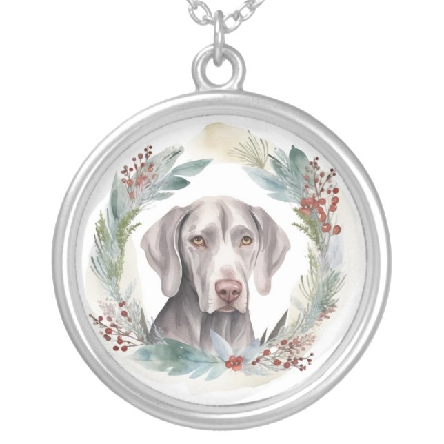 Weimaraner Christmas Wreath Festive Pup  Silver Plated Necklace (Front)