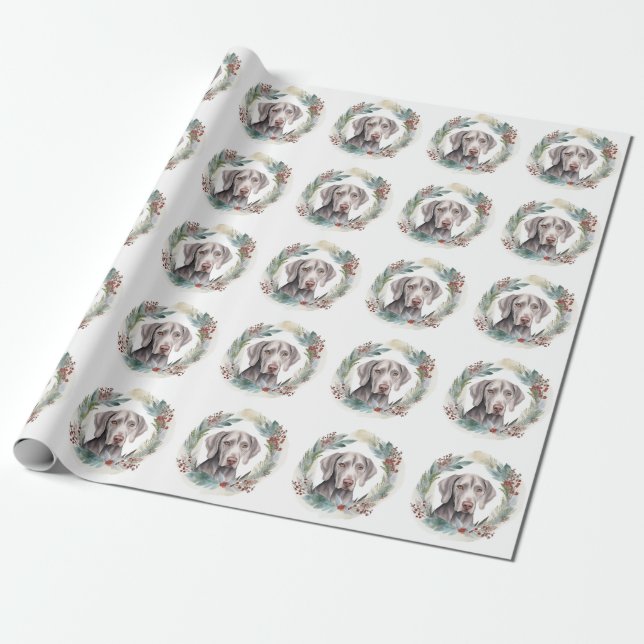 Weimaraner Christmas Wreath Festive Pup  Wrapping Paper (Unrolled)