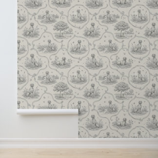 Weimaraner Country Toile: Grayscale Dog Landscape Wallpaper