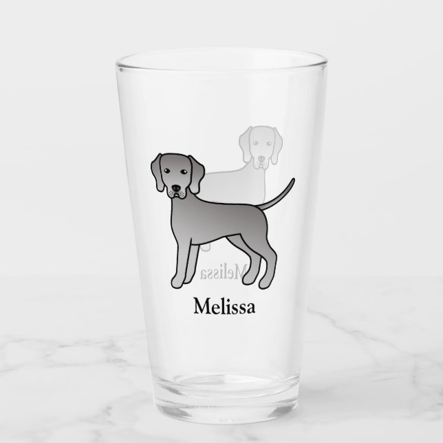 Weimaraner Cute Cartoon Dog & Name Glass (Front)