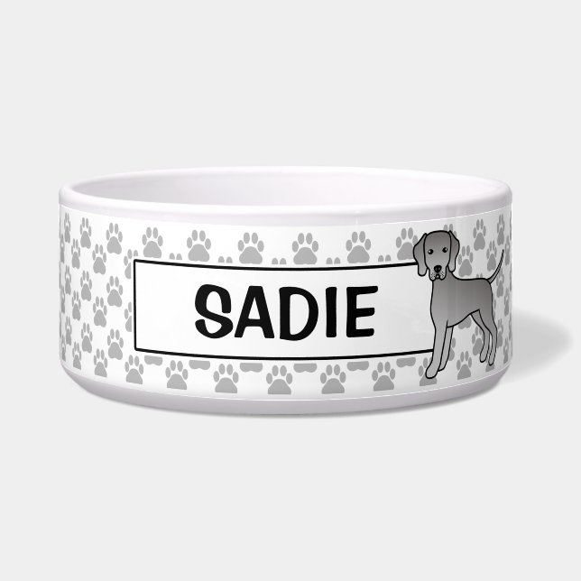 Weimaraner Cute Cartoon Dog With Pet's Name Bowl (Front)