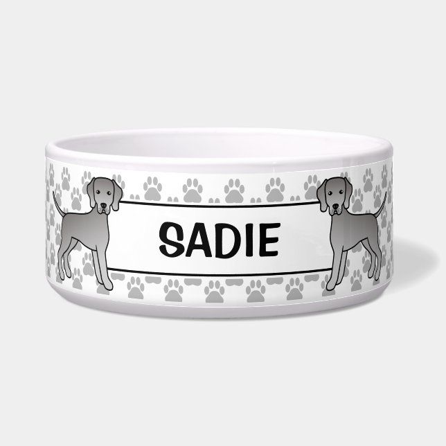 Weimaraner Cute Cartoon Dog With Pet's Name Bowl (Front)