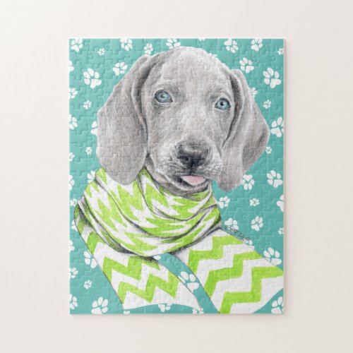 Weimaraner cute puppy with scarf Dog portrait art Jigsaw Puzzle
