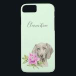 Weimaraner Dog and Lily Watercolor | Add Your Name iPhone 8/7 Case<br><div class="desc">This is a watercolor painting of a Weimaraner dog and a pink lily. Weimaraner is a large dog that used to be bred for hunting. She has a beautiful silver or mouse-gray coat with blue eyes. This was hand painted on Arches hot pressed paper with Daniel Smith watercolor paints.</div>
