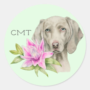 Weimaraner Dog and Lily Watercolor   Monogram Classic Round Sticker