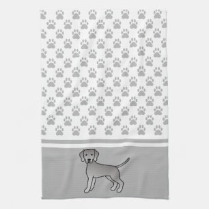 Weimaraner Dog Cartoon Illustration & Paws Pattern Kitchen Towel
