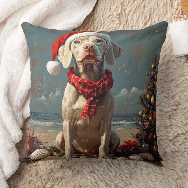 Weimaraner Dog Christmas Vintage Beach  Throw Pillow (Blanket)