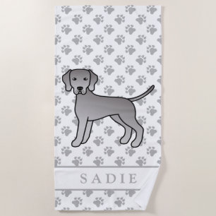 Weimaraner Dog Cute Cartoon Illustration & Name Beach Towel