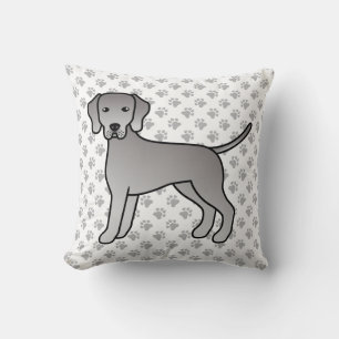 Weimaraner Dog Cute Cartoon Illustration & Paws Throw Pillow