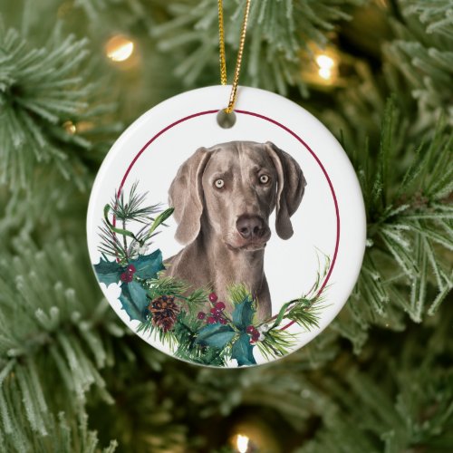 Weimaraner Dog Evergreen Berry Wreath Ceramic Ornament