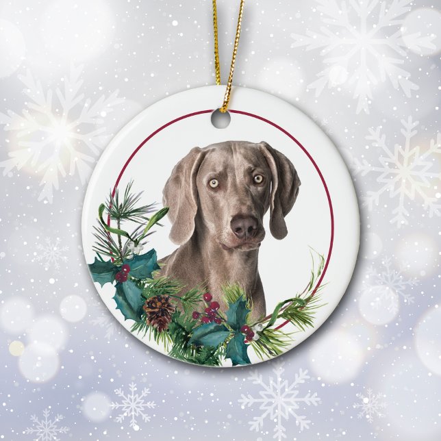 Weimaraner Dog Evergreen Berry Wreath Ceramic Ornament (Creator Uploaded)