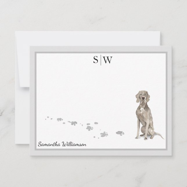 Weimaraner Dog Gray Border Monogram Personalized Note Card (Front)