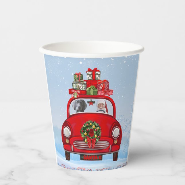 Weimaraner Dog In Car With Santa Claus Paper Cups (Front)