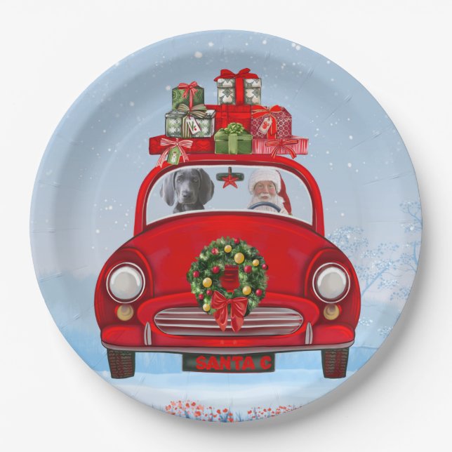 Weimaraner Dog In Car With Santa Claus Paper Plates (Front)