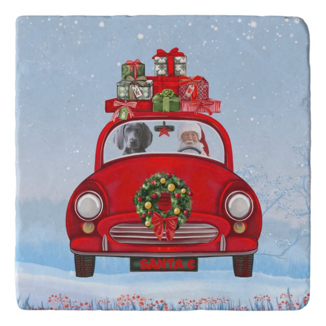 Weimaraner Dog In Car With Santa Claus Trivet (Front)