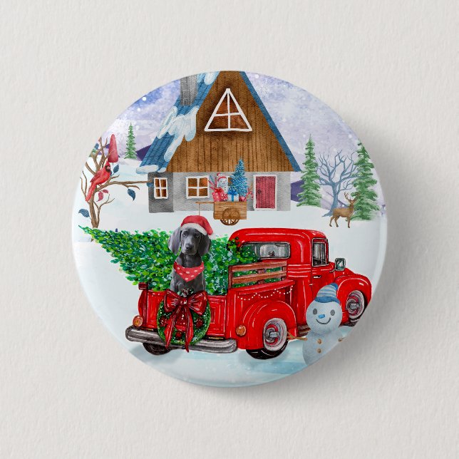 Weimaraner Dog In Christmas Delivery Truck Snow Button (Front)