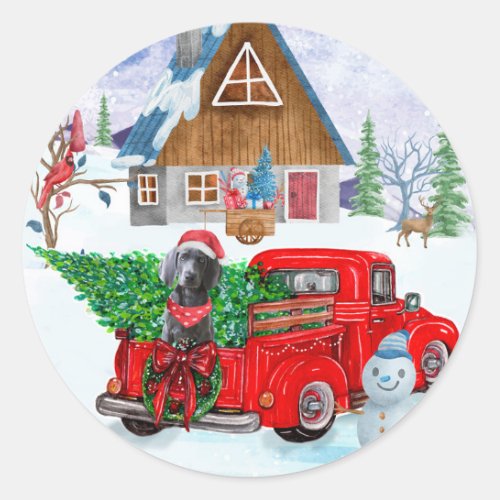 Weimaraner Dog In Christmas Delivery Truck Snow Classic Round Sticker