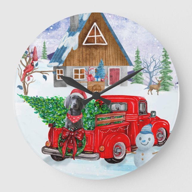 Weimaraner Dog In Christmas Delivery Truck Snow Large Clock (Front)