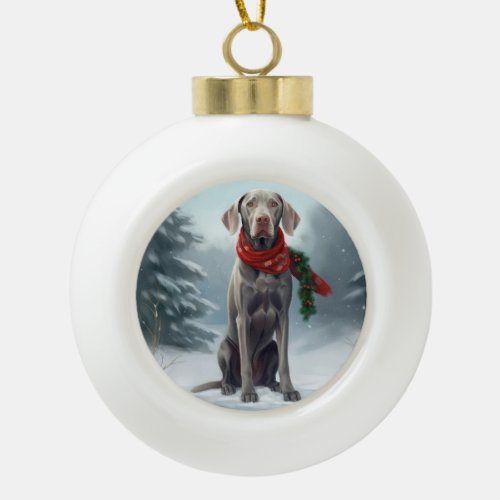 Weimaraner Dog in Snow Christmas Ceramic Ball Christmas Ornament