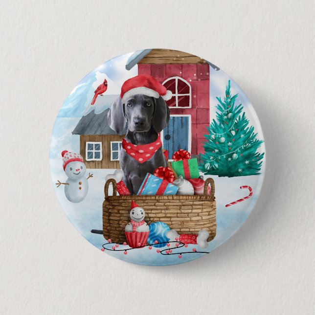 Weimaraner Dog In snow Christmas Dog House Button (Front)