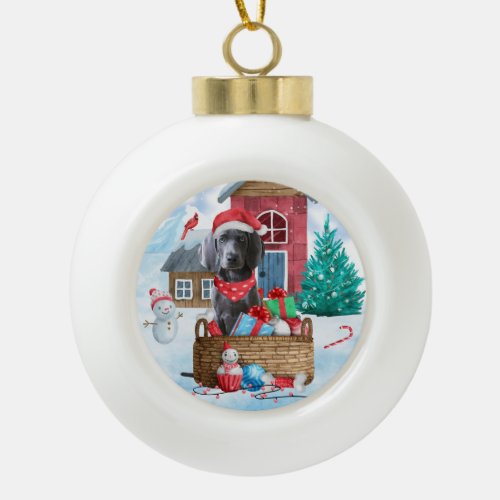 Weimaraner Dog In snow Christmas Dog House  Ceramic Ball Christmas Ornament