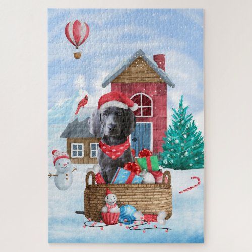 Weimaraner Dog In snow Christmas Dog House Jigsaw Puzzle