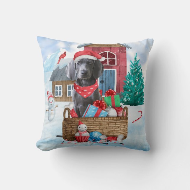 Weimaraner Dog In snow Christmas Dog House  Throw Pillow (Front)