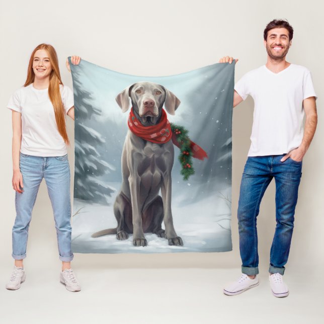 Weimaraner Dog in Snow Christmas Fleece Blanket (In Situ)