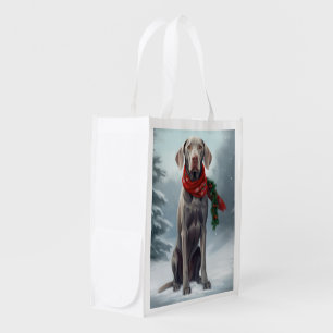 Weimaraner Dog in Snow Christmas Grocery Bag