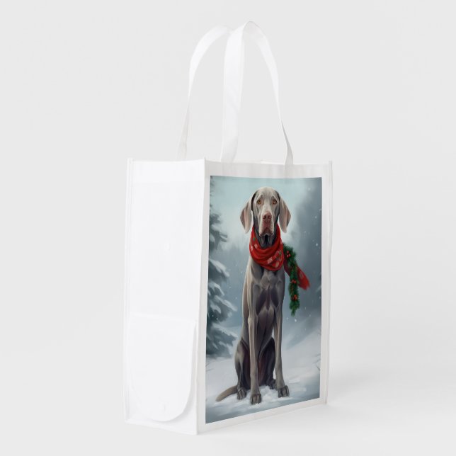 Weimaraner Dog in Snow Christmas Grocery Bag (Front Side)