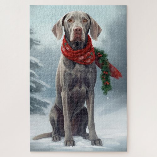 Weimaraner Dog in Snow Christmas Jigsaw Puzzle