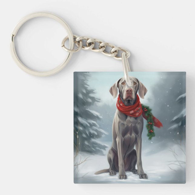 Weimaraner Dog in Snow Christmas Keychain (Front)