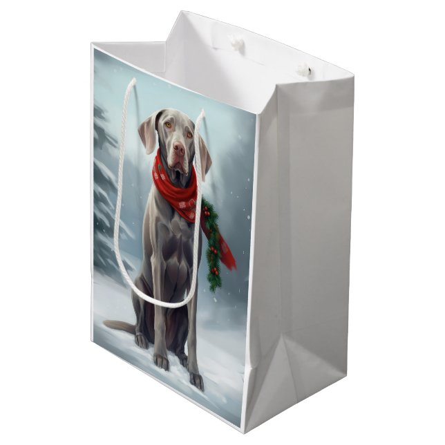 Weimaraner Dog in Snow Christmas Medium Gift Bag (Front Angled)