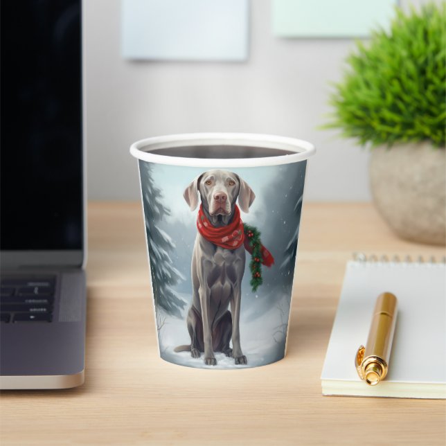 Weimaraner Dog in Snow Christmas Paper Cups (Insitu)