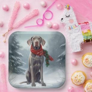 Weimaraner Dog in Snow Christmas Paper Plates