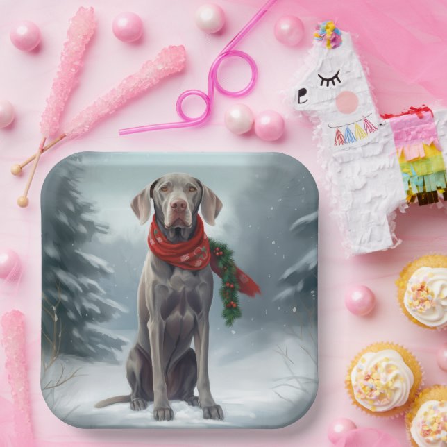 Weimaraner Dog in Snow Christmas Paper Plates (Party)