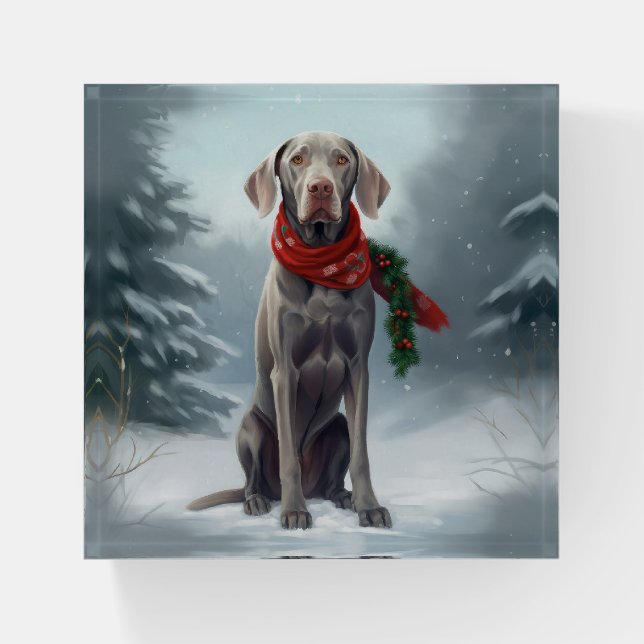 Weimaraner Dog in Snow Christmas Paperweight (Front)