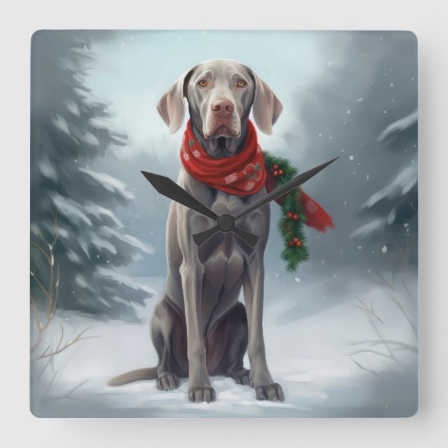 Weimaraner Dog in Snow Christmas Square Wall Clock (Front)