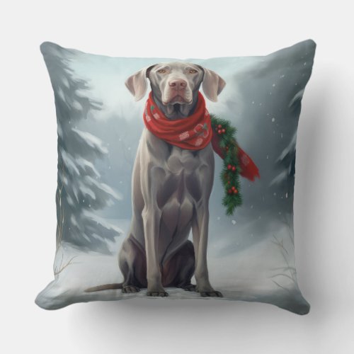 Weimaraner Dog in Snow Christmas Throw Pillow