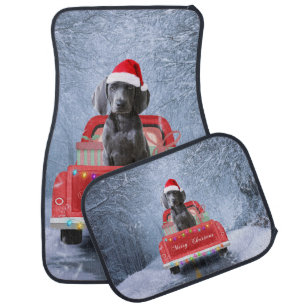 Weimaraner Dog in Snow sitting in Christmas Truck Car Floor Mat