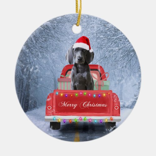 Weimaraner Dog in Snow sitting in Christmas Truck  Ceramic Ornament