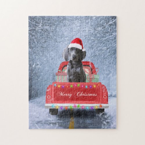 Weimaraner Dog in Snow sitting in Christmas Truck  Jigsaw Puzzle